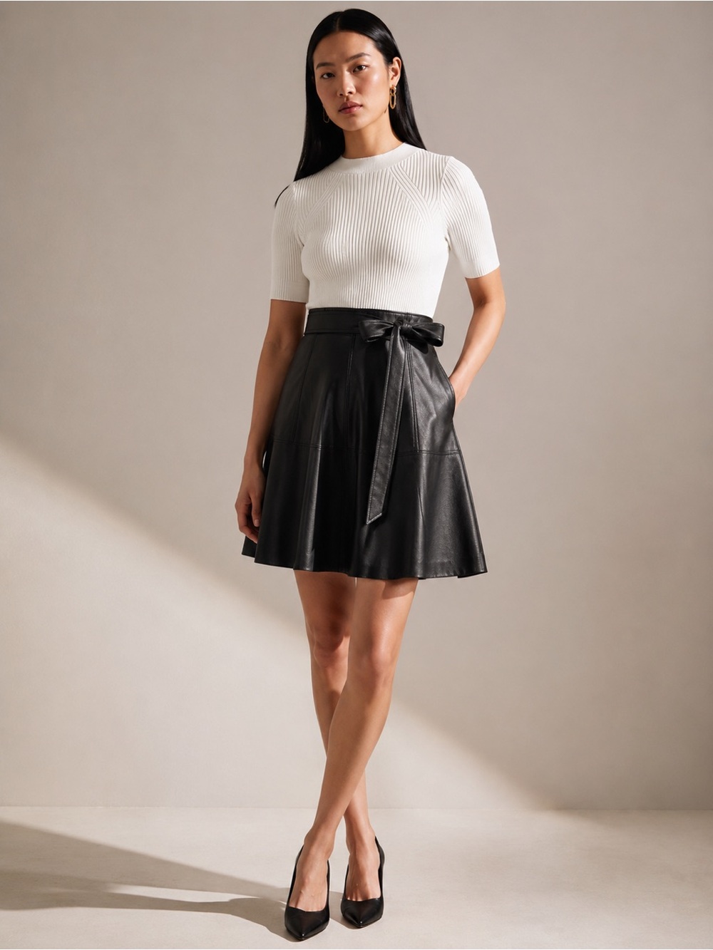 TED BAKER OLIYIA Contrast Knit & Faux Leather Fit & Flare Dress Size 1